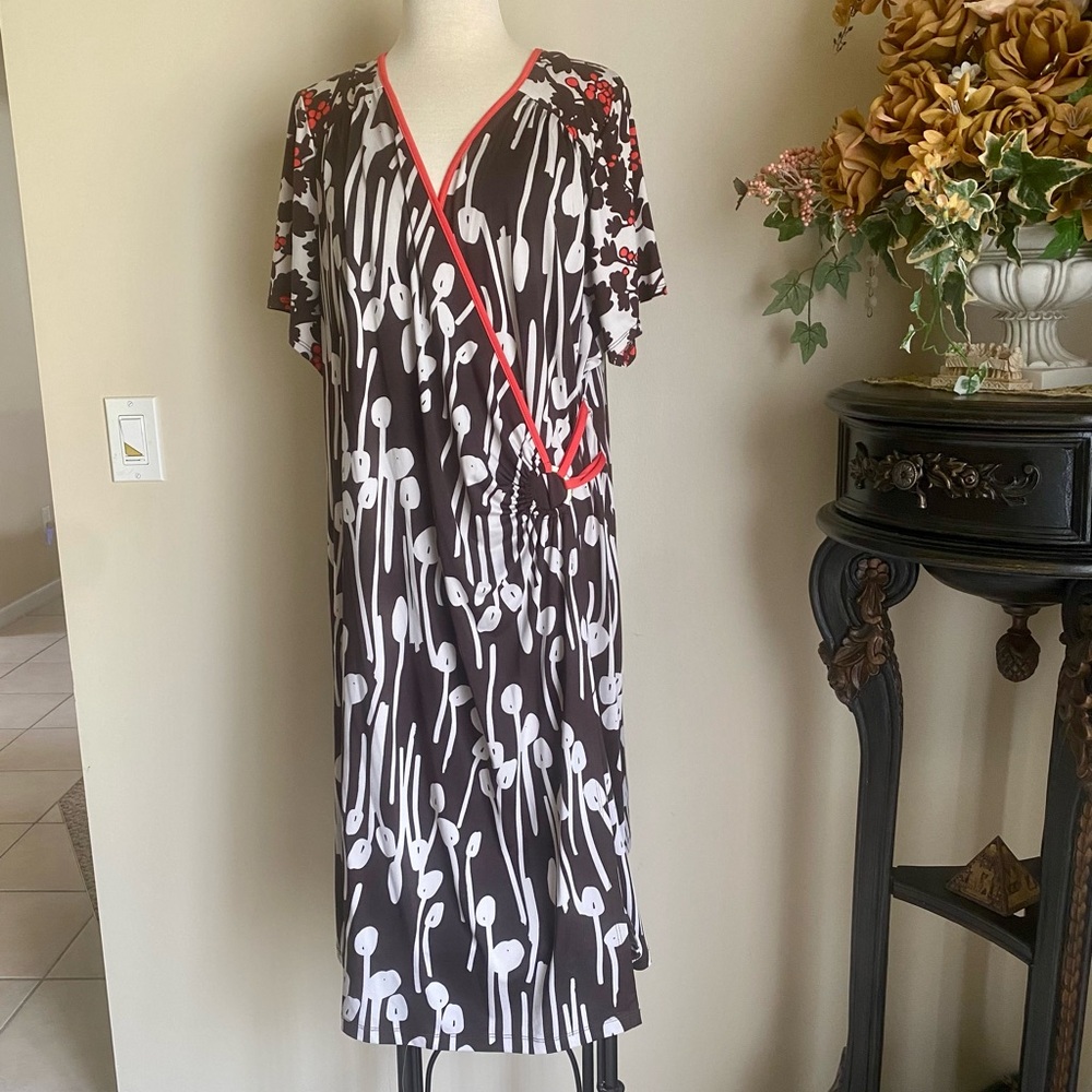 Brown White Lane Bryant Floral Dress with Coral Trim 22-24